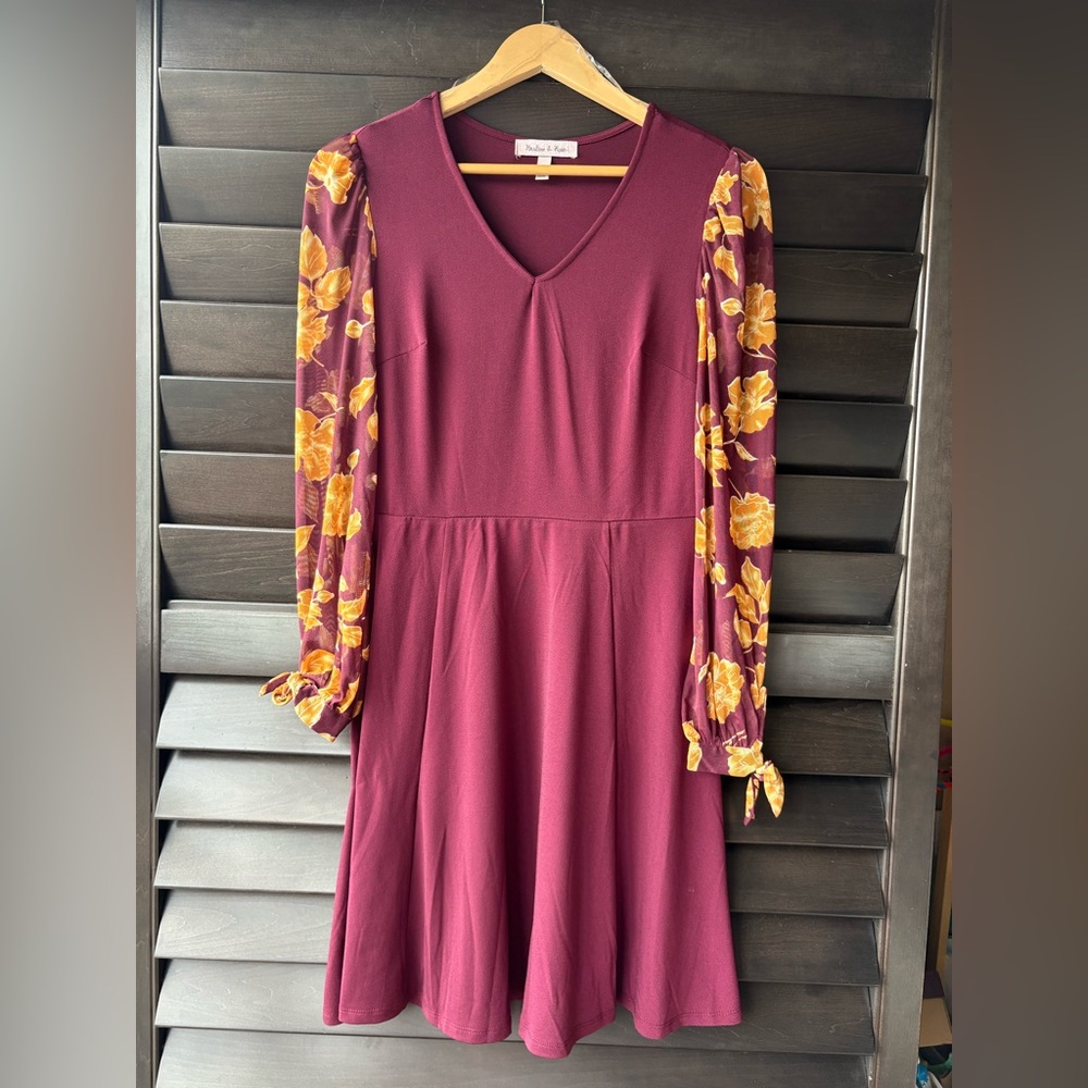 Harlow & Rose Maroon Small Dress Long Sheer Floral Sleeves NWT